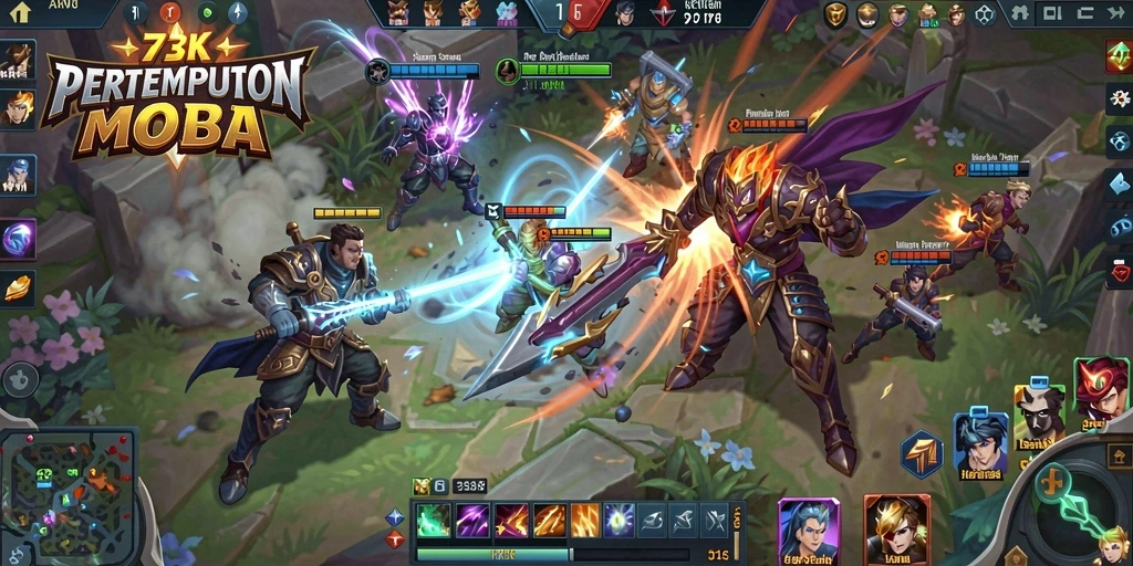 Tangkapan layar utama menunjukkan pertempuran intens dalam game MOBA.