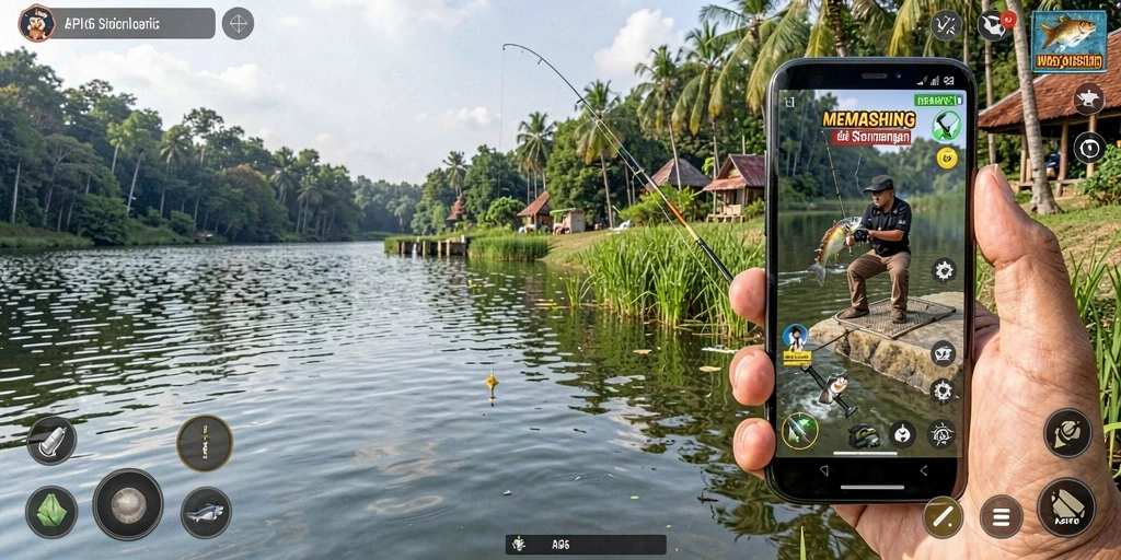 Gameplay seru API66 menunjukkan momen menangkap ikan di danau yang indah.