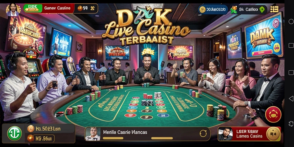 Screenshot gameplay DKK menampilkan dealer langsung dan suasana kasino yang nyata.
