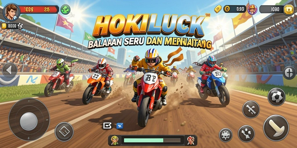 Tampilan utama HOKILUCK menampilkan balapan dengan kendaraan cepat di lintasan yang menantang.