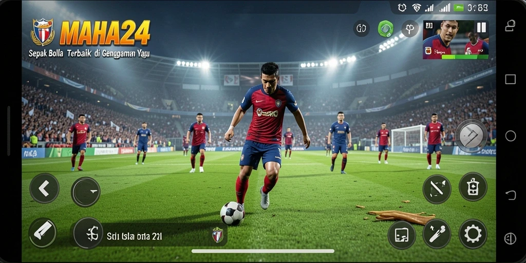 Tampilan gameplay MAHA24 yang mendebarkan dengan aksi sepak bola intens.