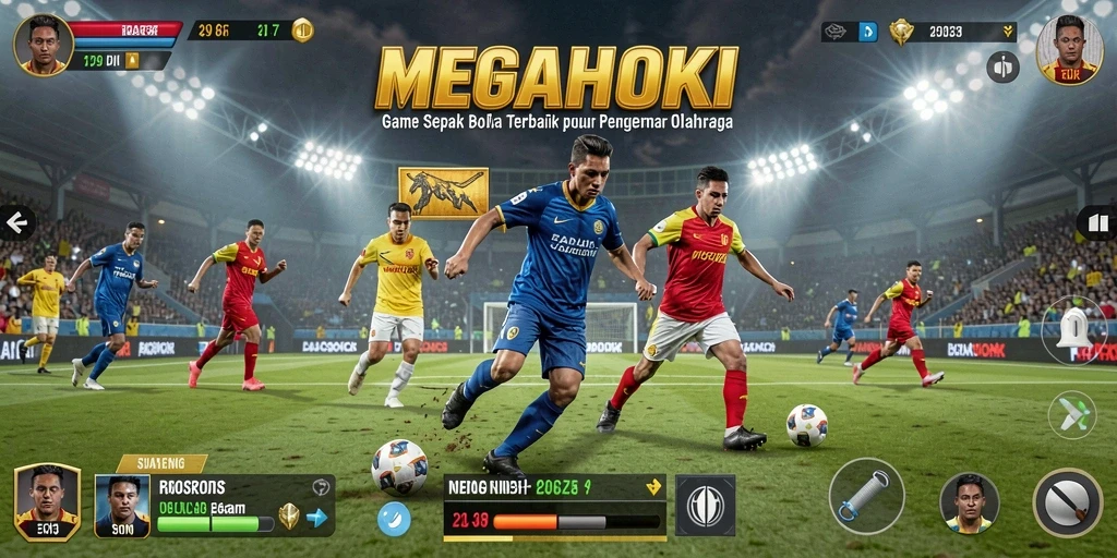 Tampilan gameplay menakjubkan dari MEGAHOKI dengan aksi sepak bola yang seru.
