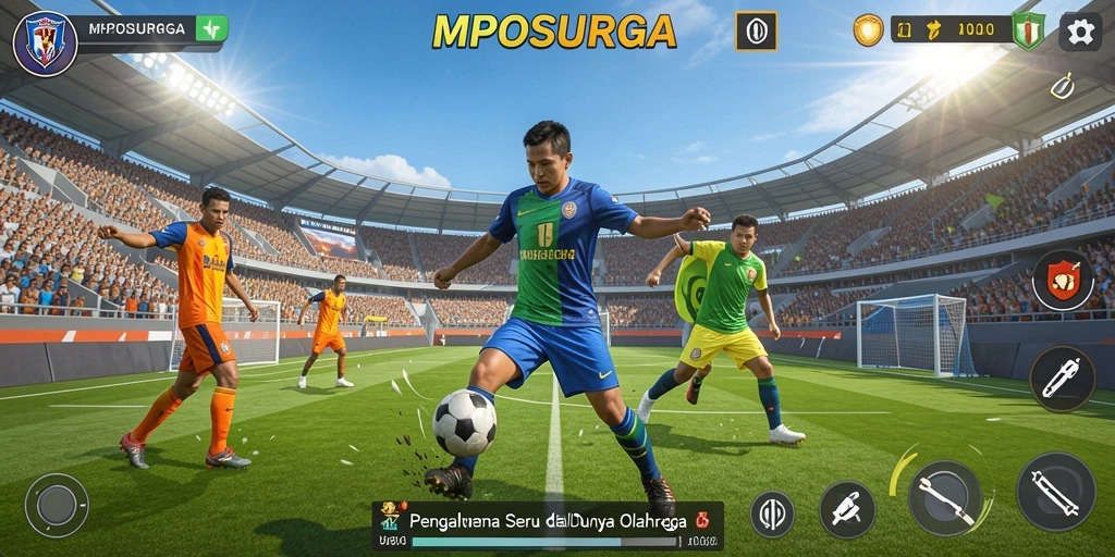 Screenshot utama MPOSURGA menampilkan pertandingan olahraga yang mendebarkan.